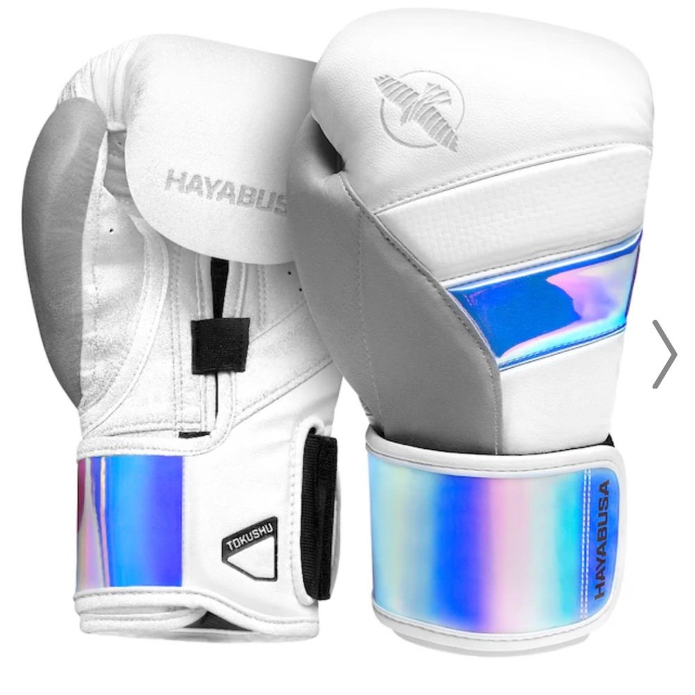 HAYABUSA 16oz T3 Boxing Gloves in white/iridescent with 2 SETS OF WRIST WRAPS